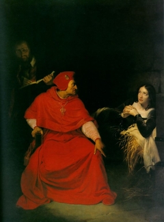 Joan of Arc is interrogated by The Cardinal of Winchester in her prison by Paul Delaroche