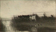 Koeien aan een plas by Cornelis Westerbeek