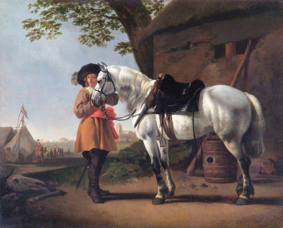 Landscape with a horse and a cavalier near a military camp