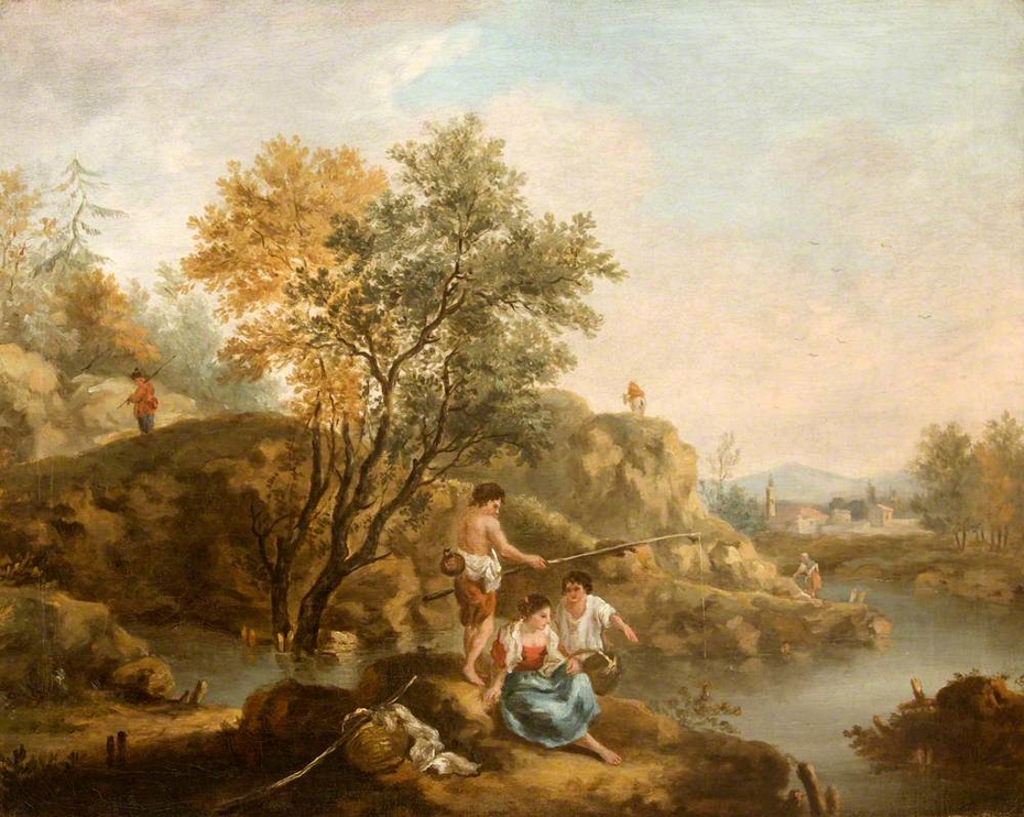 Landscape with Figures in the foreground and a Man Fishing