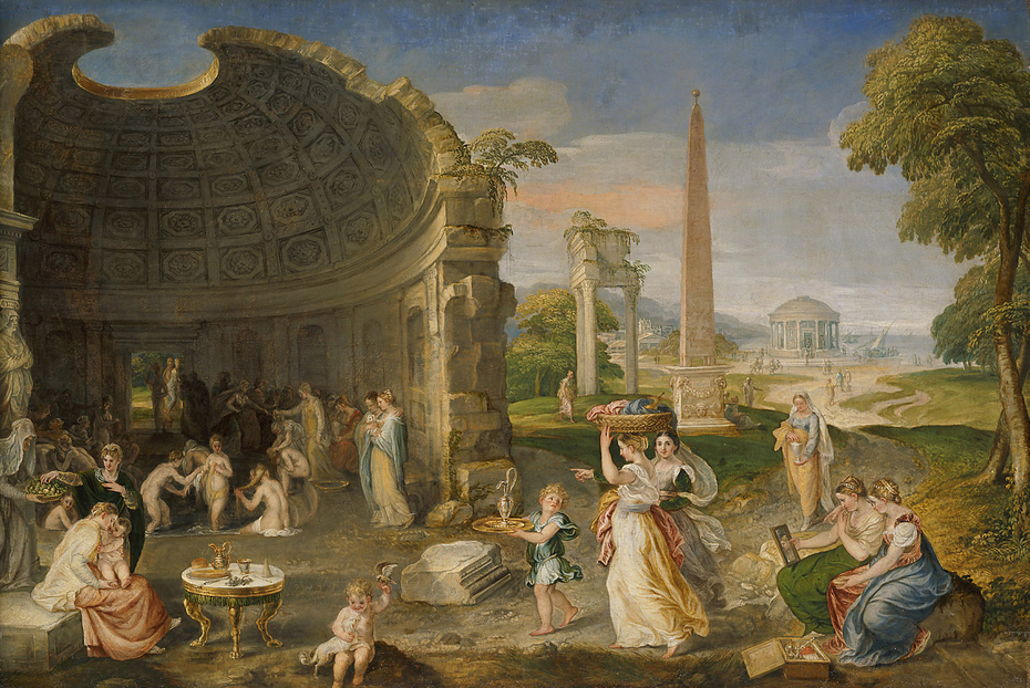 Landschaft mit antiken Ruinen und badenden Frauen