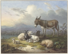 Landschap met ezel, geit en schapen by Dirk van Oosterhoudt