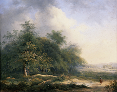 Landschap met vrouwtje en hond. by Jan Wessel van Delden