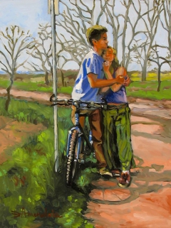 Lovers leaning against a bicycle by Dominique Amendola