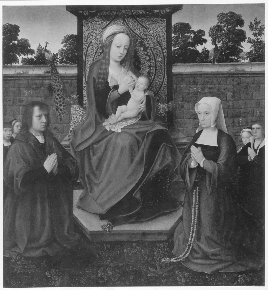 Madonna lactans with donor family in a garden