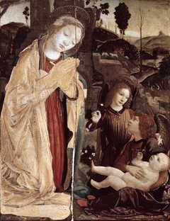 Madonna with two Angels Adoring the Christ Child in a landscape by Anonymous