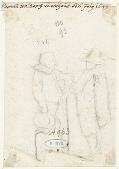 Man in cape praat met komediant (?) by Harmen ter Borch