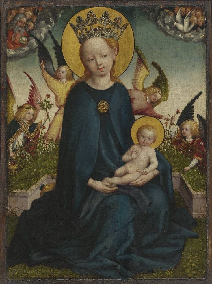 Maria mit dem Jesuskind vor der Rasenbank