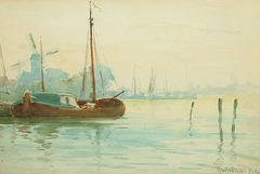 Moored Vessels on a Tranquil Canal with a Windmill by Wilfred Williams Ball