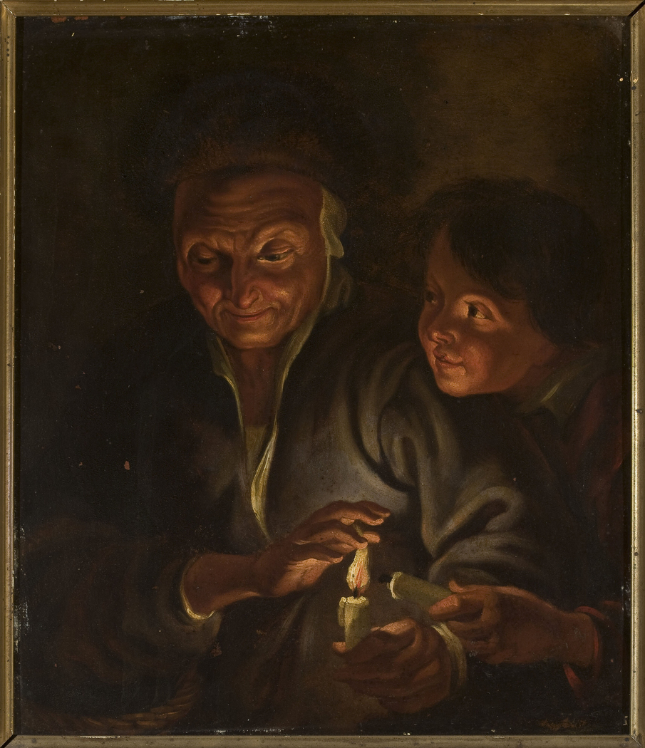 Old woman and a boy with a candle