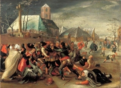 Peasants fighting a pilgrim. by Marten van Cleve