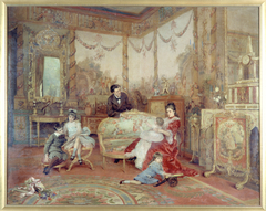 Portrait de Victorien Sardou (1831-1908), de sa femme et de ses enfants dans le grand salon de leur maison de Marly-le-Roi by Auguste de La Brély