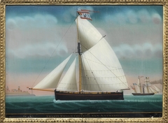 Reverse glass painting of the Antwerp fishing sloop 'Zwarte Zwolm Courrier' of the firm Van Baelen & Company by Petrus Cornelis Weyts