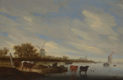 River Landscape with Cows and Windmill by Salomon van Ruysdael