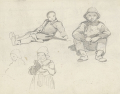 Schetsblad met twee zittende Scheveningse vissersjongens, staand een meisje ten halven lijve by Unknown Artist