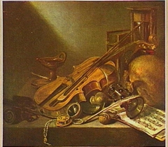 Still life vanitas with musical instruments and skull