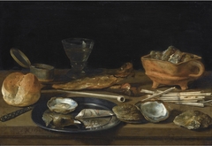 Still life with a brazier, a wine-glass, herring, oysters, bread, smoking paraphenalia, and a pewter plate
