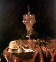 Still life with roemer and columbine cup with a bread roll by Paulus van den Bosch