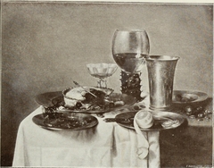 Still life with roemer, pie and spoon, venetian glass, engraved silver beaker, olives, lemon, and broken berkemeyer by Willem Claesz Heda