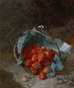 Still Life with Strawberries in a Cabbage Leaf in a Basket on the Ground by Eloise Harriet Stannard