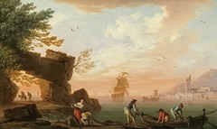 Sunset: fishermen preparing their nets, a port and a Dutch man-of-war beyond by Charles François Grenier de Lacroix