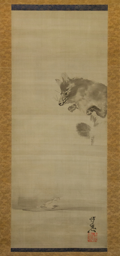 Tanuki (Racoon  Dog) Viewing Its Reflection in Water by Kawanabe Kyōsai