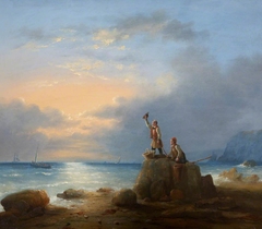 Two Fishermen standing on Rocks by the Edge of the Sea by Anonymous