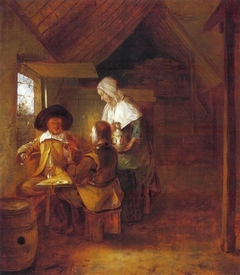 Two soldiers drinking with a serving woman by Pieter de Hooch