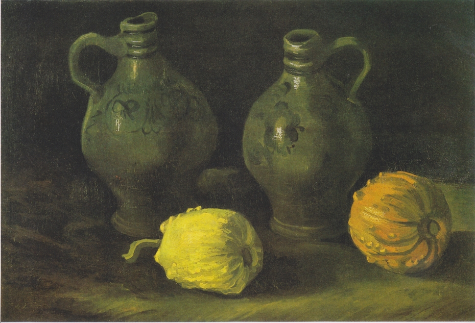 Still life with two jugs and pumpkins