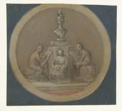 Vignet met tekenende leerlingen, onder een buste van Minerva by Unknown Artist