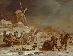 Winter landscape with mill and sleigh