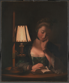 Woman Reading by a Paper-Bell Shade