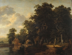 Wooded landscape with river and characters