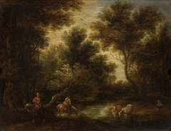 Wooded landscape with stream and figures by Théobald Michau