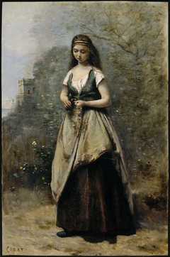 Young Woman Weaving a Wreath of Flowers by Jean-Baptiste-Camille Corot