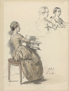 Zingende vrouw aan het toetsenbord en twee schetsen van dezelfde vrouw by David Bles